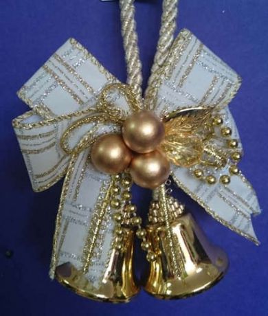 Украшение новогоднее подвесное, Золотые колокольчики с белым бантиком, металл/полиэстер