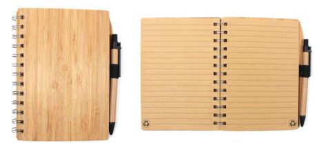 Блокнот, А6 (14*17,7см) 60л Haich, крафт-листы, деревянная обложка на спирали, ручка шариковая черная