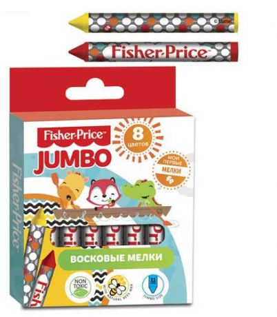 Мелки восковые для малышей, Mattel Fisher Priceцв, 8 цветов, d=11мм, картонная упаковка