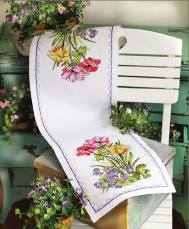 Набор для творчества, Набор для вышивания MEZ Anchor: салфетка-дорожка Лягушки и цветы 26*79см счетный крест