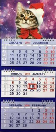 Календарь м/трио на 2018 ЖивотныеКотёнок в колпаке 20*47см 3-х блочный на спирали