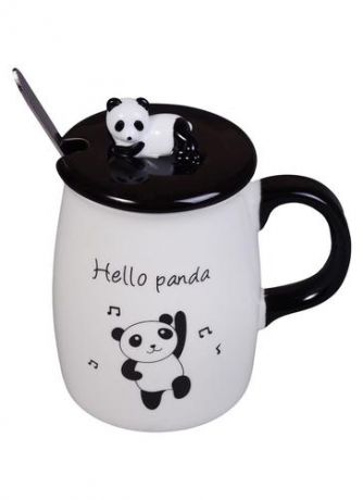 Кружка с крышкой и ложкой Hello Panda (керамика) (400мл)