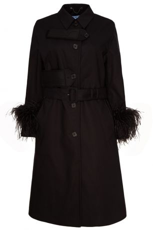 Prada Черное пальто из хлопка с перьями