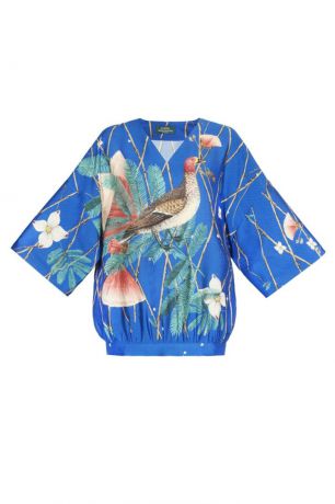 Alena Akhmadullina Синяя шелковая блузка с цветами и птицей