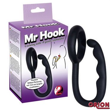 Mr Hook, черное Эрекционное кольцо со стимулятором простаты