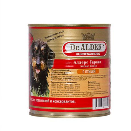 Корм для собак DR. ALDER`S Алдерс Гарант 80%рубленного мяса Птица конс. 750г