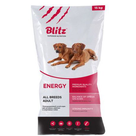 Корм для собак BLITZ adult energy dog для активных, рабочих и спортивных собак всех пород сух. 15кг