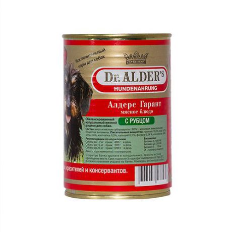 Корм для собак DR. ALDER`S Алдерс Гарант 80%рубленного мяса Рубец, сердце конс. 410г