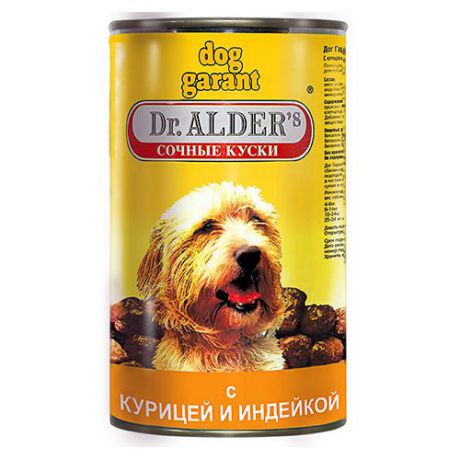 Корм для собак DR. ALDER`S Дог Гарант сочные кусочки в соусе Курица, индейка конс. 1230г