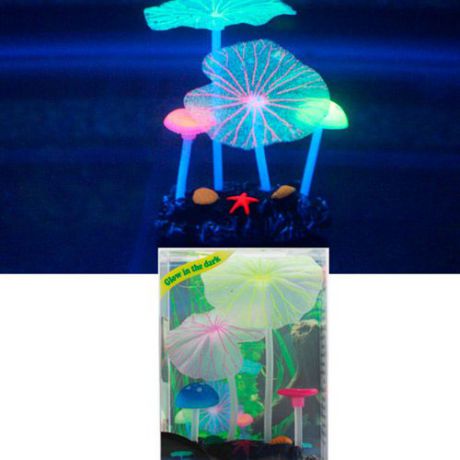 Декор для аквариумов JELLYFISH Микс из растений силикон (листья лотоса 2шт, грибы 2шт), 7х3,5х10см