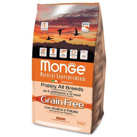 Корм для щенков MONGE Grain free беззерновой утка, картофель сух. 2,5кг
