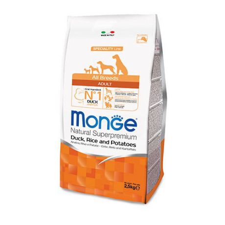 Корм для собак MONGE Dog Speciality утка с рисом и картофелем сух. 2,5кг