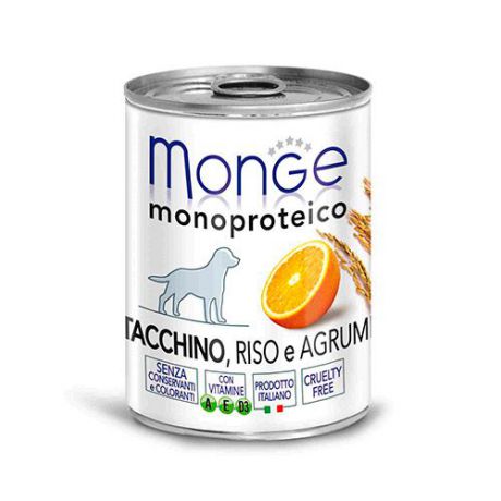 Корм для собак MONGE Dog Monoproteico Fruits паштет из индейки с рисом и цитрусовыми конс. 400г
