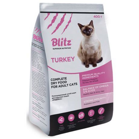 Корм для кошек BLITZ adult cat turkey с мясом индейки сух. 400г