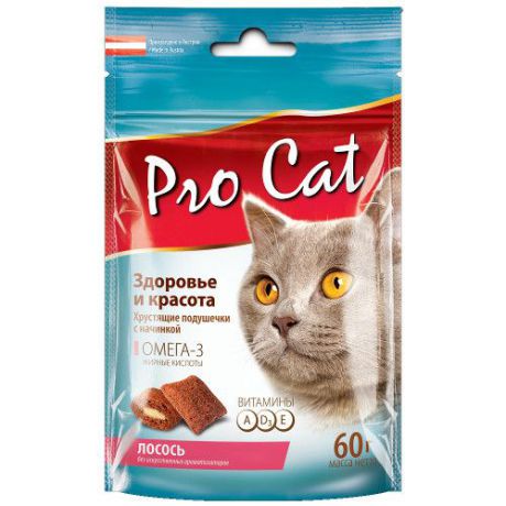 Лакомство для кошек PRO CAT Подушечки &quot;Здоровье и красота&quot; с Лососем 60г