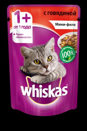 Корм для кошек Whiskas мини-филе говядина желе конс. пауч 85г