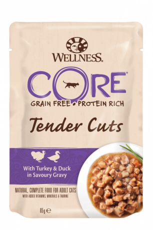 Корм для кошек Wellness Core Tender Cuts нежные кусочки курицы и индейки в пикантном соусе пауч 85г