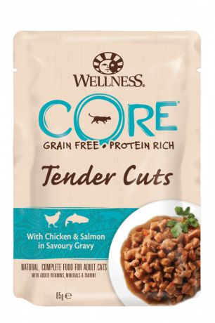 Корм для кошек Wellness Core Tender Cuts нежные кусочки курицы и лосося в пикантном соусе пауч 85г