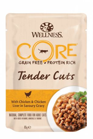 Корм для кошек Wellness Core Tender Cuts нежные кусочки курицы,курин.печени в пикантн.соусе пауч 85г