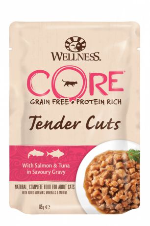 Корм для кошек Wellness Core Tender Cuts нежные кусочки лосося и тунца в пикантном соусе пауч 85г
