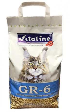 Наполнитель для кошачьего туалета VITALINE GR-6 для крупных кошек древесный, бум-пакет 5кг (7,5л)