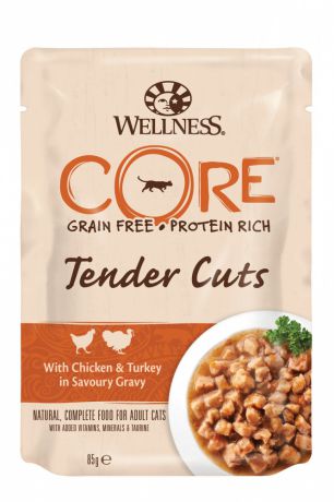Корм для кошек Wellness Core Tender Cuts нежные кусочки индейки и утки в пикантном соусе пауч 85г