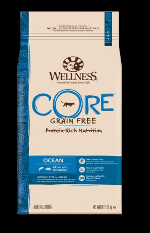 Корм для кошек Wellness Core Ocean беззерновой лосось с тунцом, 1,75кг