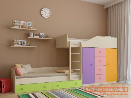 Двухъярусная кровать для детей со шкафом РВ Мебель Астра-6 Дуб Молочный