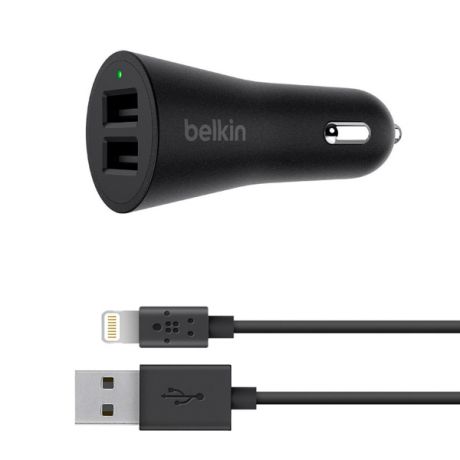 Автомобильное зарядное устройство Belkin 2xUSB, кабель USBпапа/8-pinL.папа 4.8A 1.2м Black