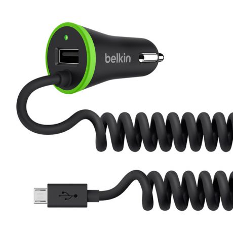 Автомобильное зарядное устройство Belkin 1xUSB, встроенный кабель MicroUSB папа, Black