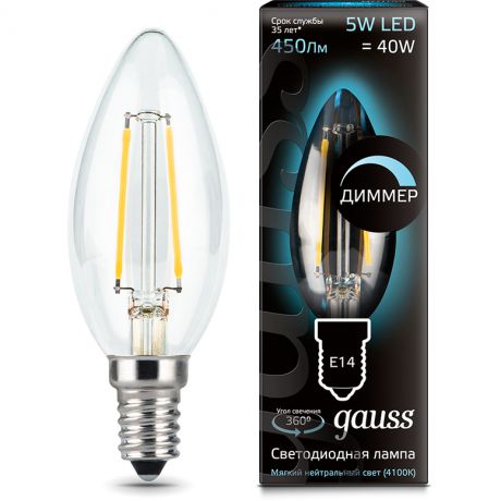 Лампа светодиодная диммируемая филаментная E14 5W 4100К свеча прозрачная 103801205-D