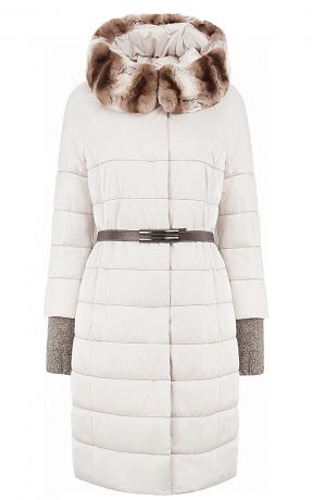 Утепленное пальто с кожаным поясом и отделкой мехом кролика