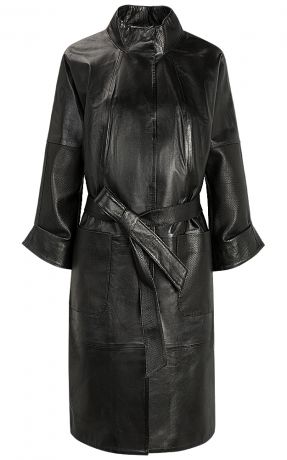 Черное кожаное пальто с поясом