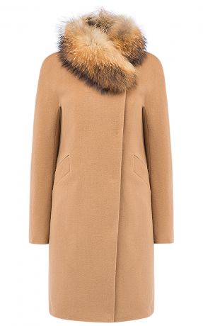 Женское шерстяное пальто на мембране RAFT PRO с отделкой мехом енота