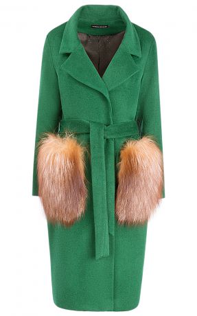 Полушерстяное пальто с отделкой натуральным мехом лисы