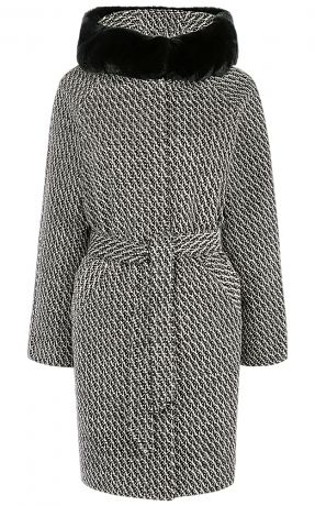 Твидовое пальто с поясом и отделкой мехом кролика