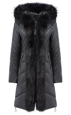 Утепленное пальто из натуральной кожи с отделкой мехом енота