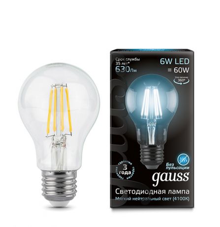 Gauss Лампа Gauss LED Filament A60 E27 6W 4100К 1/10/50