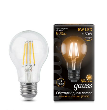 Gauss Лампа Gauss LED Filament A60 E27 6W 2700К 1/10/50