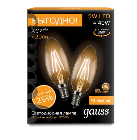 Gauss Лампа Gauss Filament Свеча E14 5W 2700К 2/100 (2 лампы в упаковке)