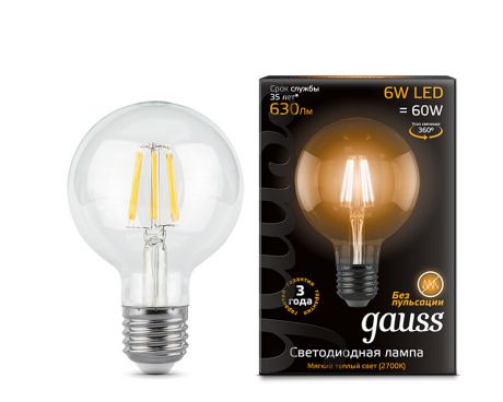 Gauss Лампа Gauss LED Filament G95 E27 6W 2700K 1/20