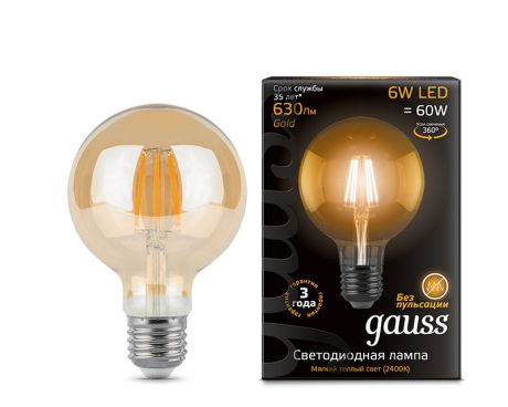 Gauss Лампа Gauss LED Filament G95 E27 6W Golden 2400K 1/20