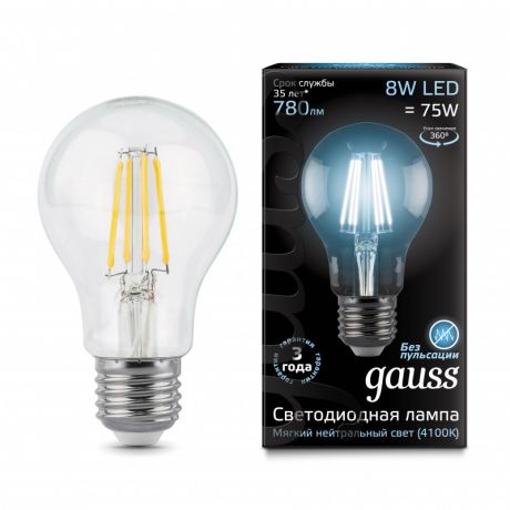 Gauss Лампа Gauss LED Filament A60 E27 8W 4100К 1/10/40