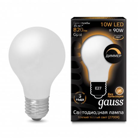 Gauss Лампа Gauss LED Filament A60 OPAL dimmable E27 10W 2700К 1/10/40