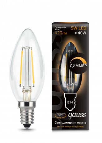 Gauss Лампа Gauss LED Filament Candle dimmable E14 5W 2700К 1/10/50