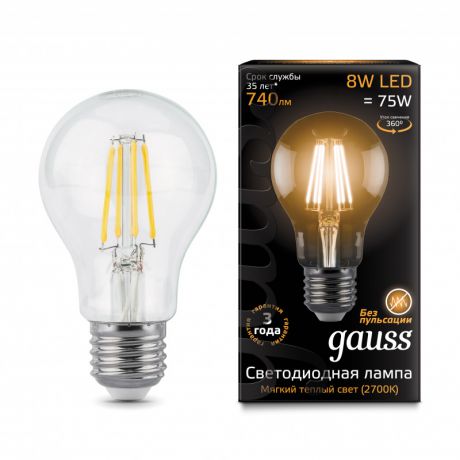 Gauss Лампа Gauss LED Filament A60 E27 8W 2700К 1/10/40