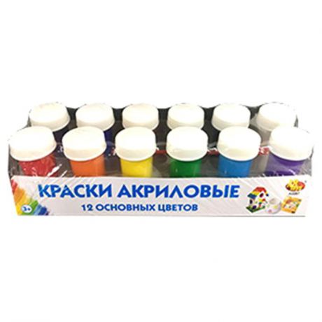 Краски акриловые Abtoys для рисования, 12 цветов, с кисточкой