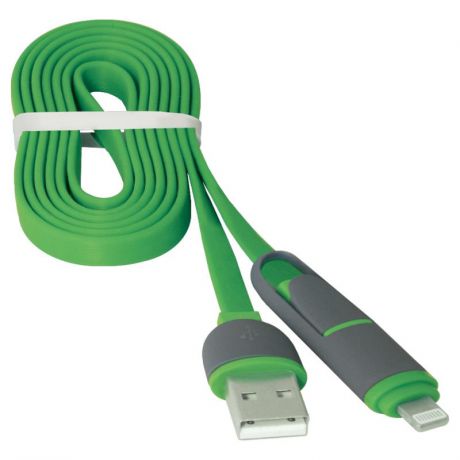 Кабель Defender 2 в 1 USB10-03BP, Lightning + micro USB, 1 м, зеленый