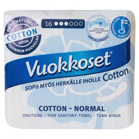 Женские гигиенические прокладки Vuokkoset Cotton Normal, 16 шт, без крылышек