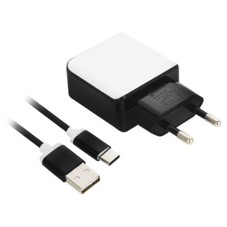 Сетевое зарядное устройство MobileData, 2.1A, 2 USB, с кабелем USB Type-C, нейлоновая оплётка, черный